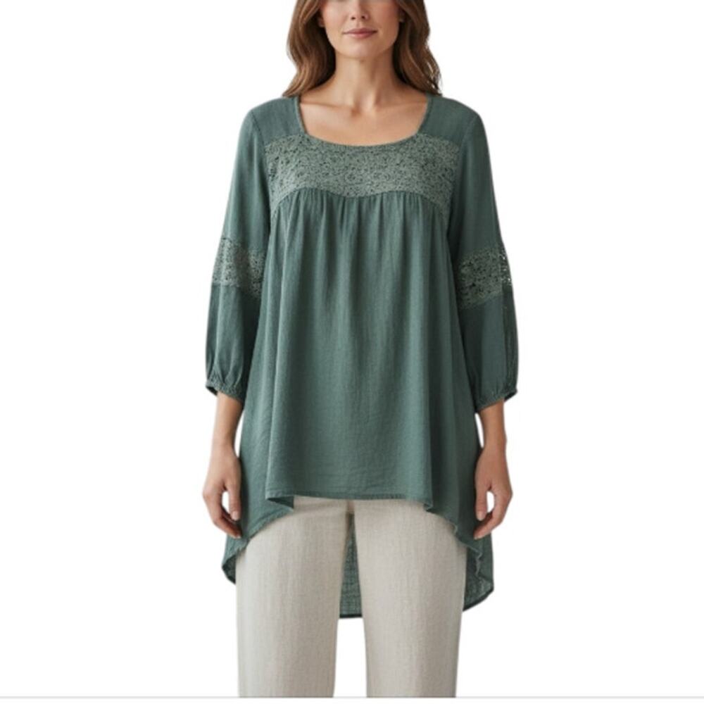 EDEN & OLIVIA Rayon Lace Detail Top Tunic Sz XL Green Boho Coastal Resort Crepey